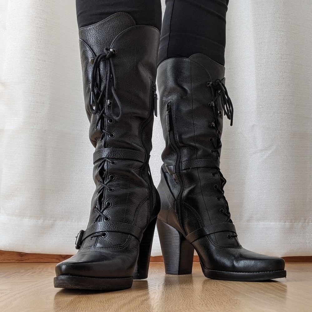 Via Spiga Black Leather Lace-Up Block Heel Boots with Ankle Strap